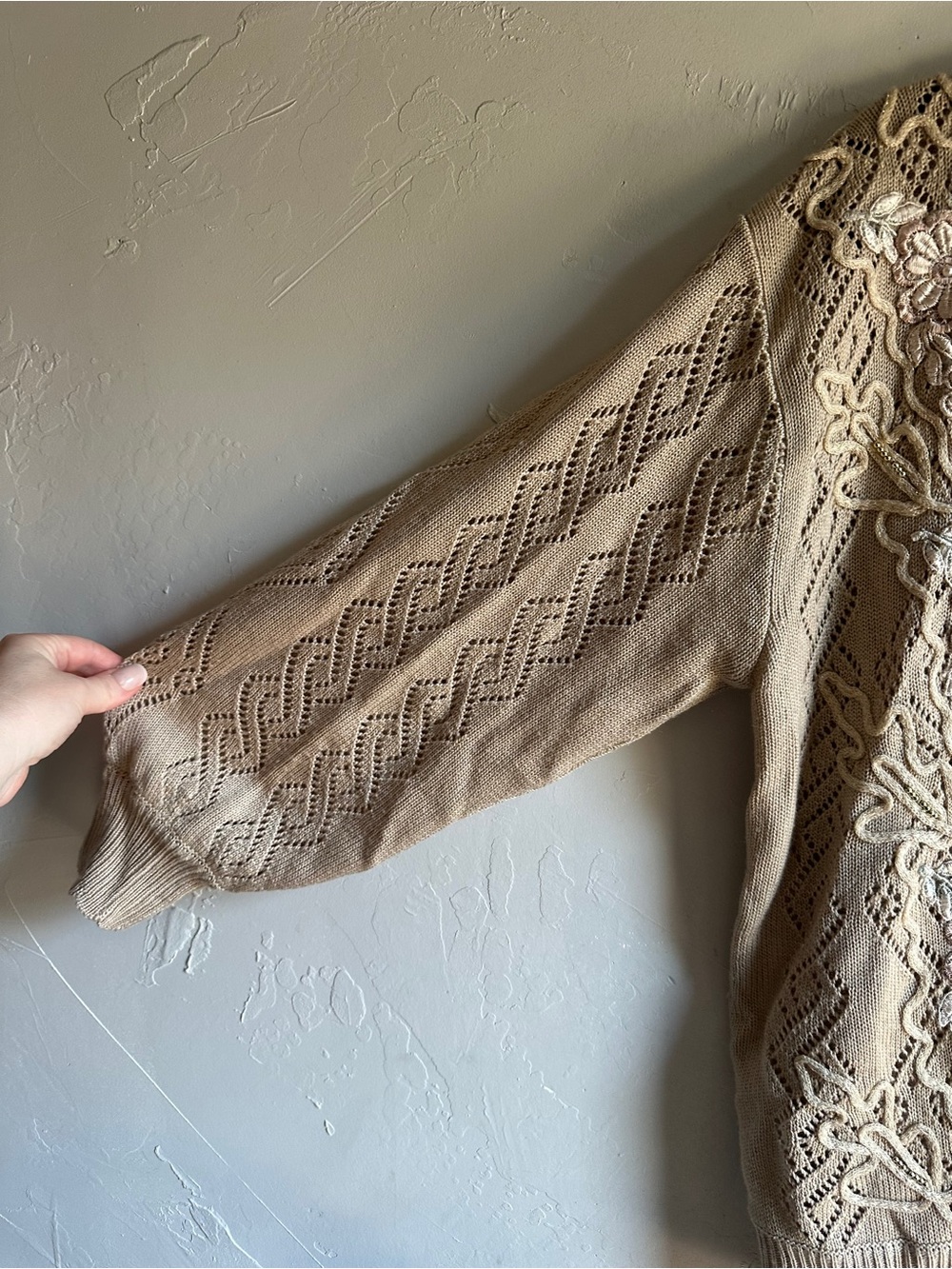Vintage Embroidered Floral Lace Knit Cardigan Sweater Cottagecore Romantic - Picture 3 of 10